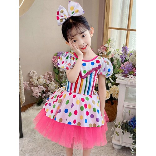Girls kids rainbow colorful polka dot striped jazz dance dresses princess tutu skirt ballet dance costumes Choir modern dance outfits